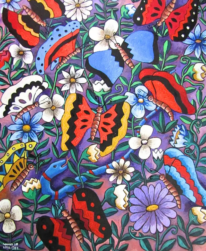 "Flores y mariposas", pintura de Víctor Salvo.