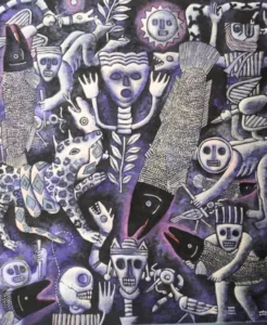 "Rito del paiche". Óleo sobre tela, 55 x 60 cm.