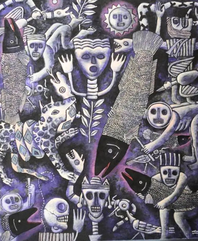 "Rito del paiche". Óleo sobre tela, 55 x 60 cm.