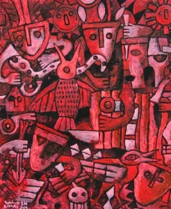 "Rojo ancestral", pintura de Víctor Salvo con motivos preincaicos.