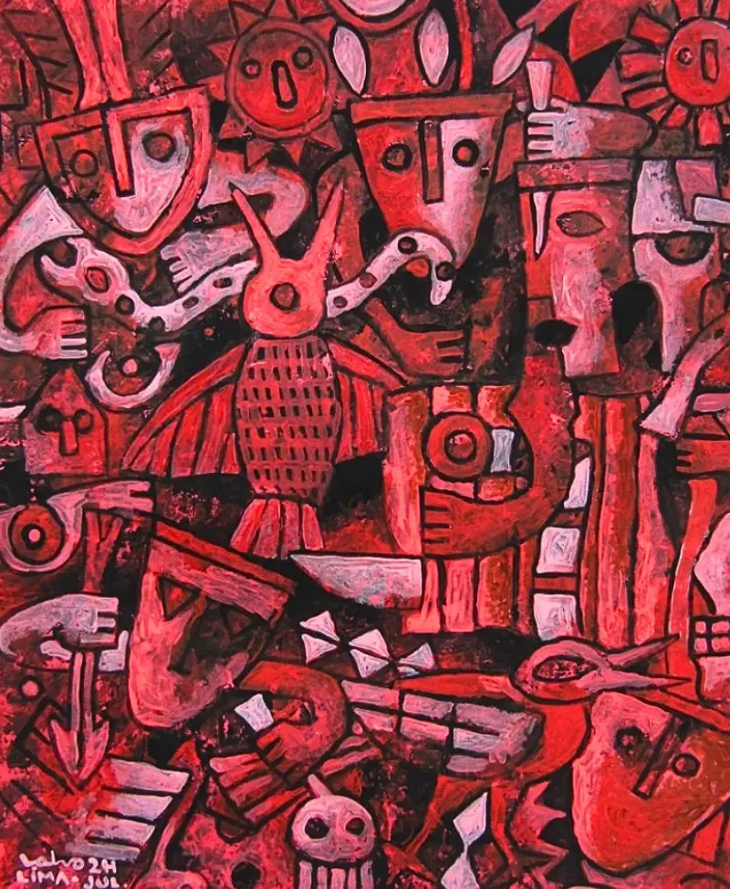 "Rojo ancestral", pintura de Víctor Salvo con motivos preincaicos.