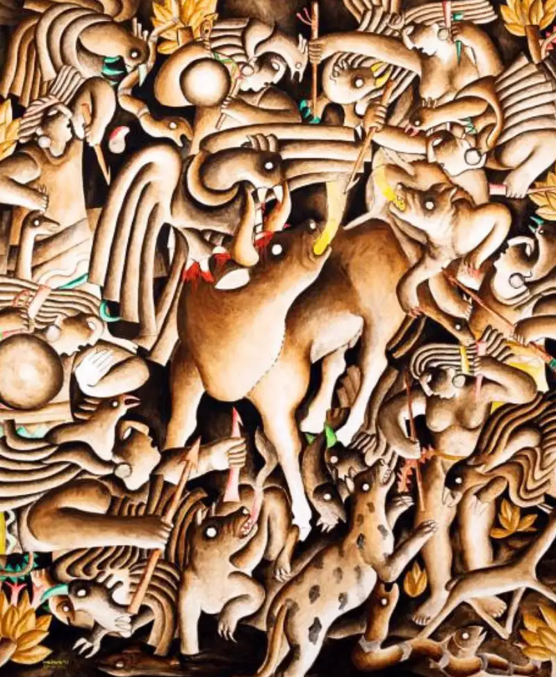 "Yawar fiesta", óleo sobre tela, 150 x 130 cm. Emblemática obra de síntesis de una transculturalización; lucha de dos mundos.