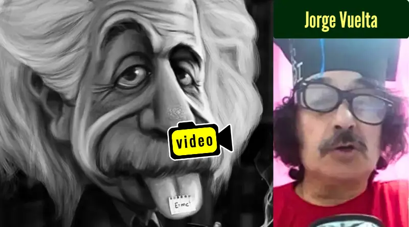 Dibujo caricaturizado de Albert Einstein sacando la lengua, y foto de Jorge Vuelta.