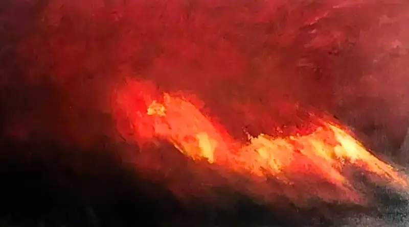 Rojo en el cielo, erupción volcánica en un cuadro de Amargan.