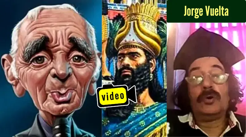 Dibujos de Charles Aznavour y Nabucodonosor II; al lado, foto de Jorge Vuelta.
