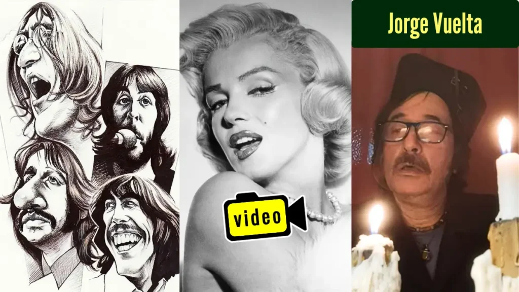 Dibujo de los Beatles, retrato de Marilyn Monroe y foto de Jorge Vuelta.