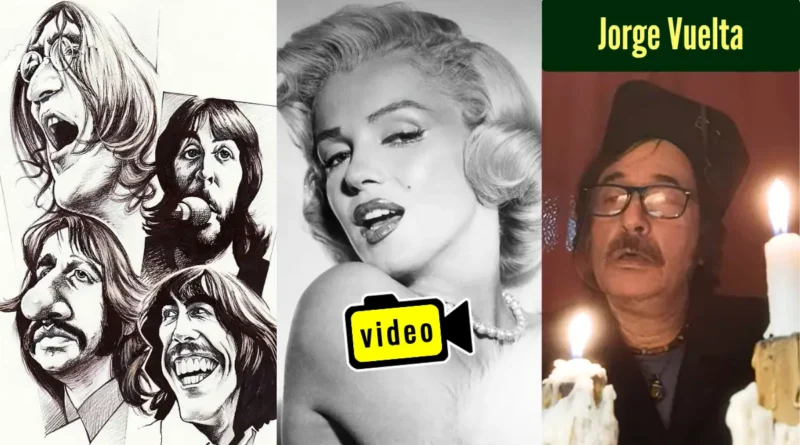 Dibujo de los Beatles, retrato de Marilyn Monroe y foto de Jorge Vuelta.