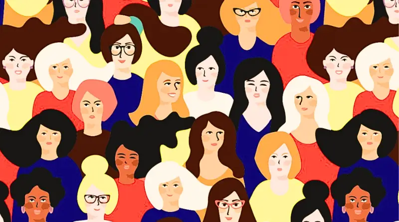 Dibujo de mujeres con vestidos de diferentes colores.