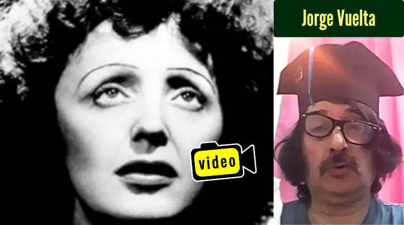 El rostro de Edith Piaf tomado de cerca, con la mirada hacia arriba. A la derecha, foto de Jorge Vuelta.