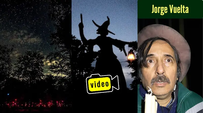Portada digital con fondo de bosque neblinoso, la silueta negra de una bruja y el retrato de Jorge Vuelta.