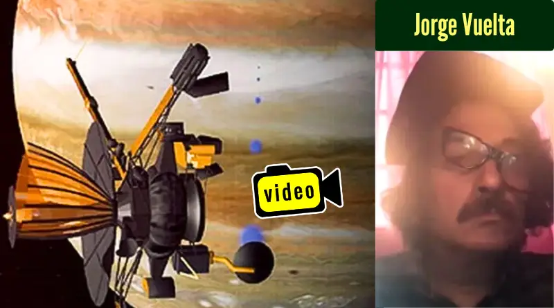 Dibujo de la sonda Galileo, con el planeta Júpiter detrás, a la derecha, foto de Jorge Vuelta.